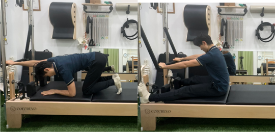 タワーでの４スタンスストレッチ、スパインストレッチ